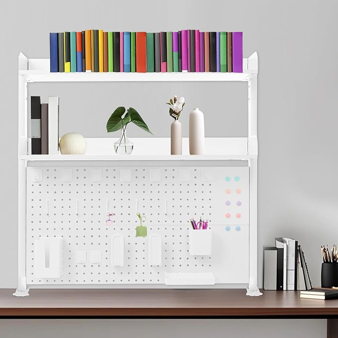 Desk Pegboard, Clamp On Desk Organizer Shelf, Desktop Bookshelf Storage Shelves, Privacy Panel for Home Office Dorm Gaming Desk, Carbon Steel, 39.4" x 37.4", White