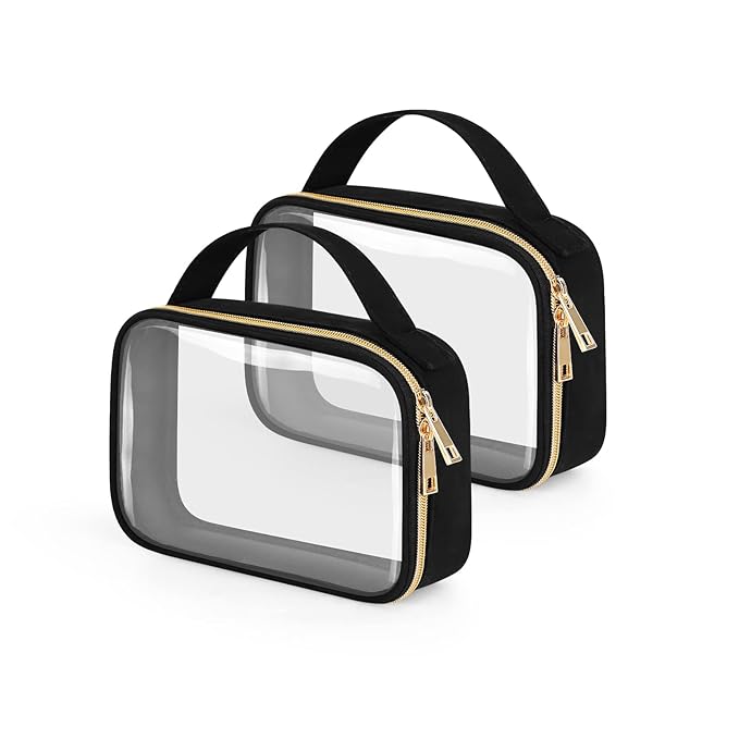 Wedama TSA Approved Toiletry Bag, 2 Pack Clear Makeup Bags with Handles, Quart Size Clear Toiletry Bags, PVC Cosmetic Bags for Women and Men, Carry on Airport Airline Compliant Bag, Black