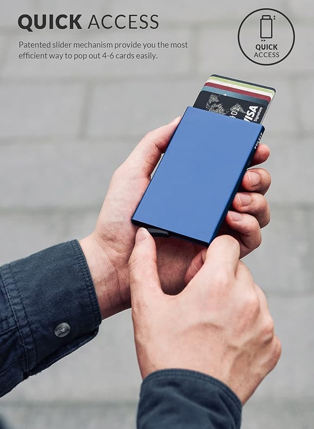 VULKIT Pop Up Wallet, Slim Minimalist Credit Card Holder For Men and Women RFID Blocking Mini Metal Case Navy