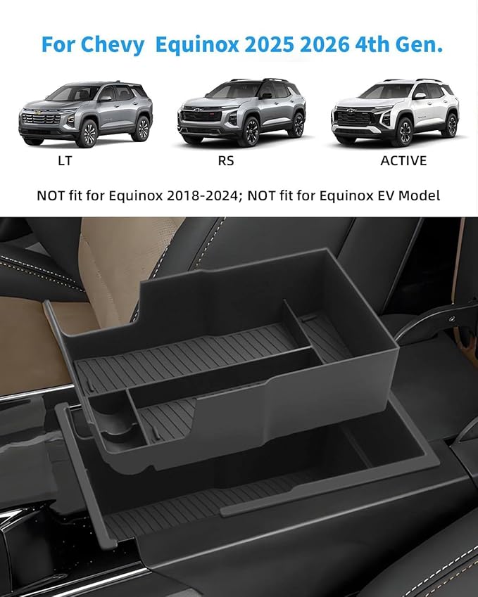 2PCS Center Console Organizer for 2026 2025 Chevy Equinox with Non-Slip Rubber Mat, Not fit for Equinox EV,2026 2025 Chevy Equinox Accessories, Black