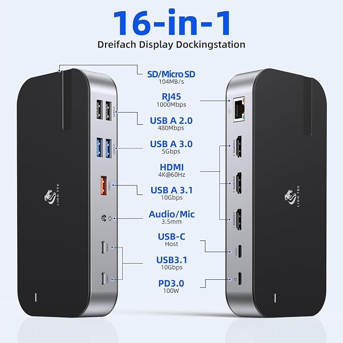 Laptop Docking Station,16 in 1 USB C Docking Triple Monitor,USB C Dock Station with 3 HDMI,PD 100W, USB 3.1/3.0/2.0,RJ 45 Ethernet,microSD/SD Card,Audio for Dell/HP/Lenovo（Exclude Power Adapter