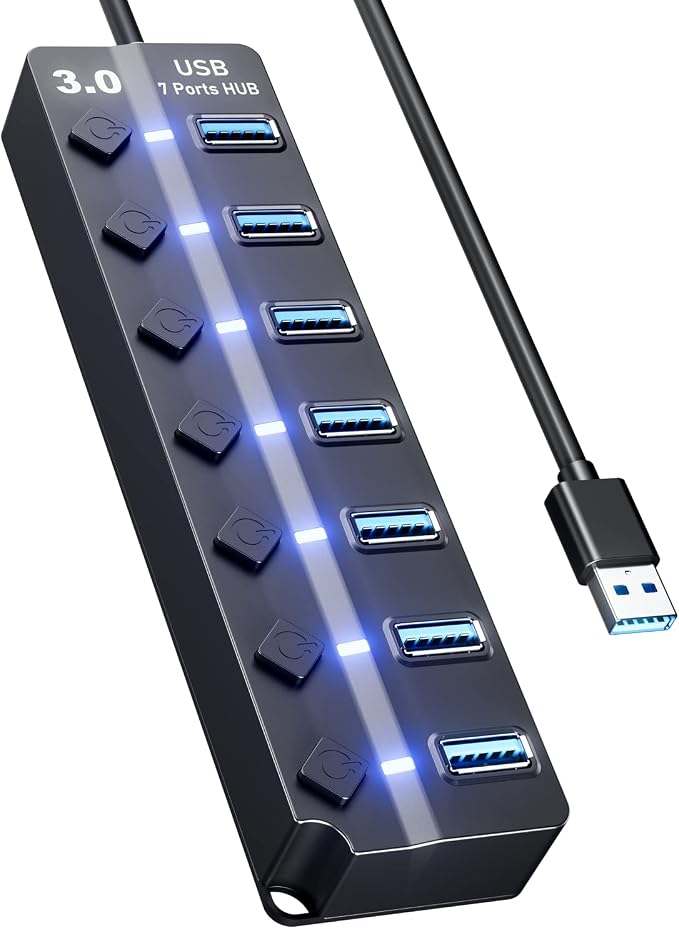 USB Hub 3.0, Eanetf 7 Port USB hub with LED Individual On/Off Switches and Extended Long Cable for MacBook, Mac Pro, Mac mini, iMac, Surface Pro, XPS, PC - 4ft