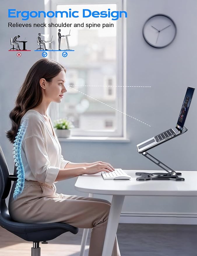 Adjustable Laptop Stand for Desk, 360° Rotating Base Ergonomic Computer Stand, Laptop Riser Foldable Protable for Office Home Fits Compatible with MacBook Pro/Air Notebook up to 10-16" Black