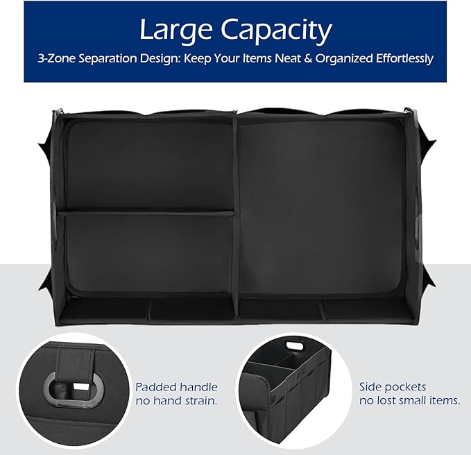 Foldable Car Trunk Organizer - 63L Collapsible Multi-Compartment Storage with 10 Side Pockets, Reinforced Handles & Waterproof 600D Oxford Polyester - Fits Car, SUV, Minivan - Black