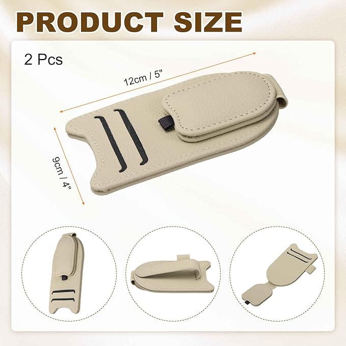 HARFINGTON 2 Pcs Sunglass Holder for Car Magnetic Leather Glasses Holder Universal Visor Sunglasses Clip Car Accessories Interior for Glasses Ticket Cards,Light Brown