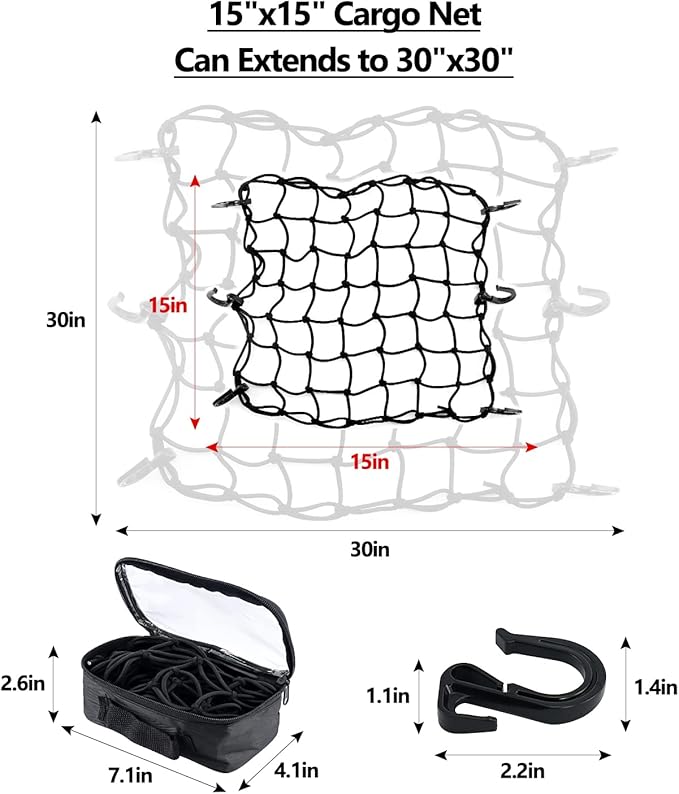 15"x15" Universal Truck Bed Net Black Latex Bungee Cargo Net Extends to 30"x30" with 6 Adjustable Hooks & Tight 2"x2" Mesh by Cenipar