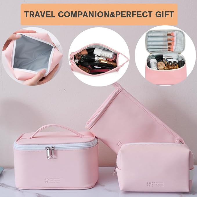 3 Pack Makeup Bag Sets Travel Large Toiletry Bag Portable Cosmetic Zipper Pouch with Brush Organizer Waterproof Small Storage Case for Women and Girls,Light Pink