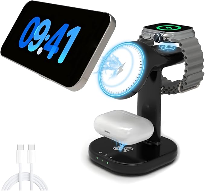 3 in 1 Wireless Charging Station for Magsafe Charger Stand,Magnetic Phone Charger for iPhone,for Apple Watch,for Airpods,for Magsafe Charging Station (Black)