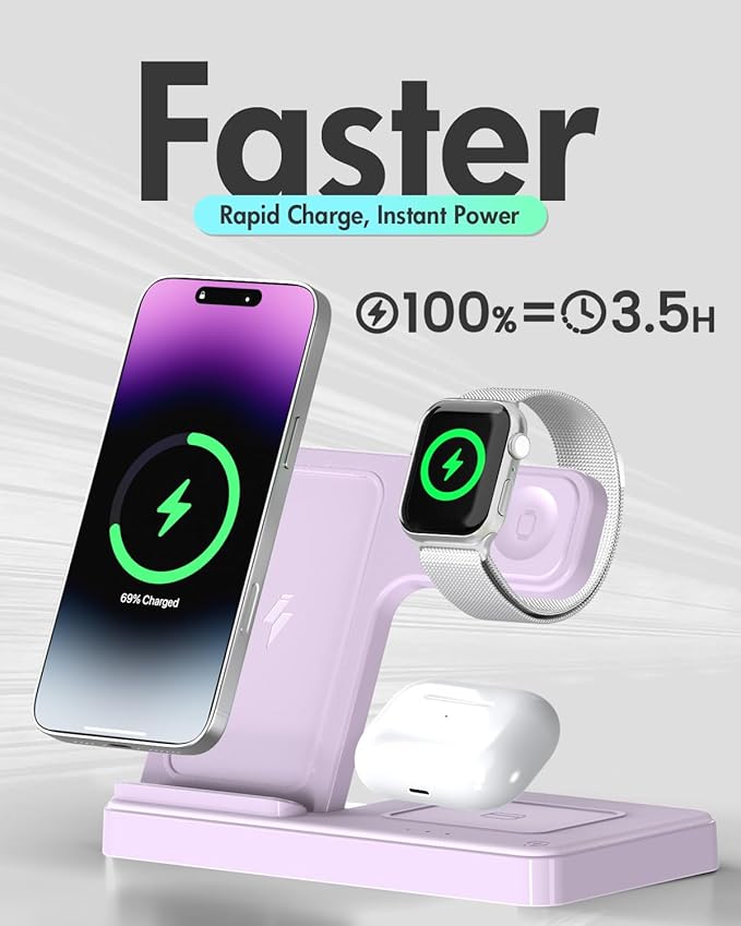 Wireless Charger Stand Charging Station: 3 in 1 Charger Multiple Devices for Apple iPhone 17 16e 16 15 14 Pro Max 13 12 11 for Watch 11 10 9 8 7 6 5 4 3 2 SE and Ultra & Airpods Series, Light Violet