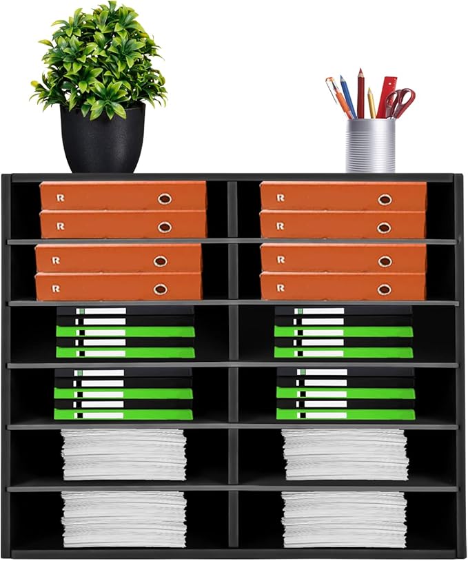 Literature Organizer Sorter for Desk, 12 Slots Adjustable File Sorter Mail Organizer, Paper Sorter Organizer, Open Design Paper Storage Mailbox for Office School Classroom, Black