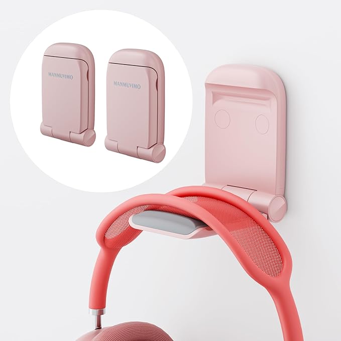 MAMUVIMO Headphone Stand, 2 Pack Headset Stand Foldable＆Sticky, Headphone Holder Hook Mount with Non-Slip Silicone, Adhesive Earphone Desk Hanger Clip Space-Saving for Airpods Max, All Earphones-Pink