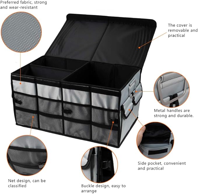 Car Trunk Organizer Collapsible Portable Multi Compartments Organizer with Non Slip Straps for SUV Truck Auto Vehicle Car Auto Minivan (Large covered, Space gray)