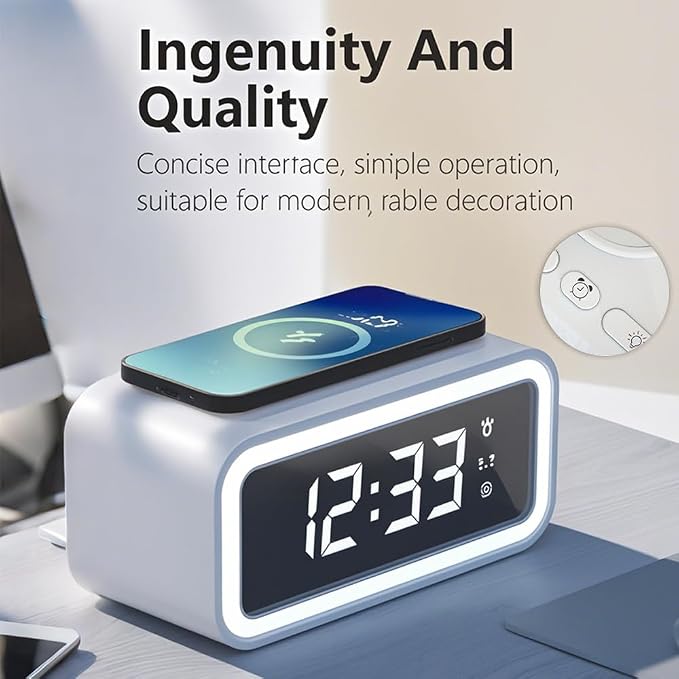 AYI 4in1 Smart Wireless Charging Alarm Clock with Mirror Display | 15W Fast Charger for Phone & Earbuds, 3 Group Alarms, Warm White/Yellow Night Light, Temperature Display Extra USB Port-White