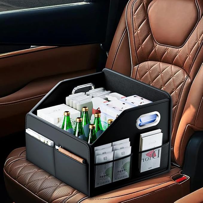 22.5L Leather Material Car Trunk Storage Box Multifunctional Organizer Waterproof and Stain-Resistant Foldable Multi-Compartment Design with Handle for Car Trunk Storage And Office Home Daily Storage