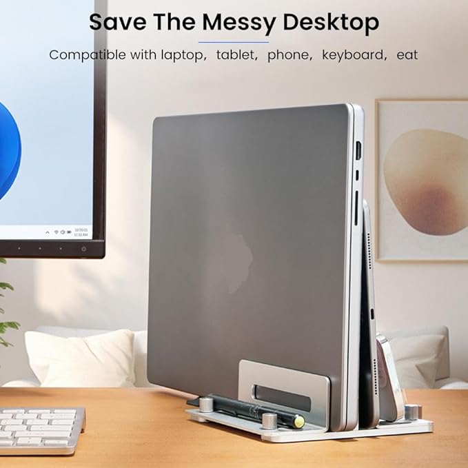 HomeBeyond Aluminum Vertical Laptop Stand for Desk, Adjustable Dual Slot Holder(up to 1.73 inches), Compatible with MacBook Pro, MacBook Air and Other Laptop - Save Space & Improve Airflow, Silver