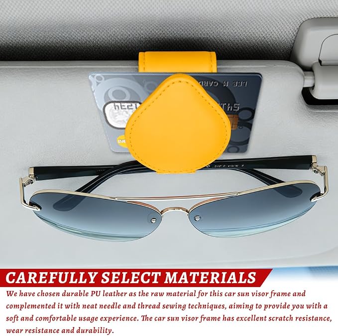 Sunglasses Holders for Car Visor, PU Leather Car Organizer, Magnetic Glasses Holder and Ticket Card Clip, Multi-Functional Auto Sun Visor Eyeglass Holder for Most Vehicles (Yellow)