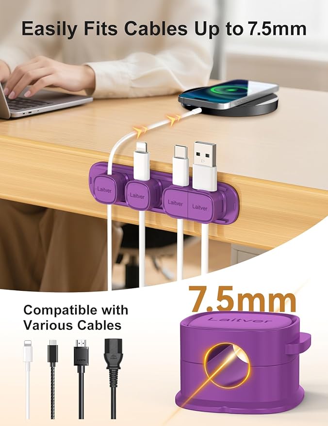 6 Pack Magnetic Cable Clips [1s Open/Lock], Laitver Cord Organizer Holder Strong Adhesive Desk Cable Management- Organize Charging Cords Neatly for Home, Office, Car,Desk, Nightstand-Deep Purple