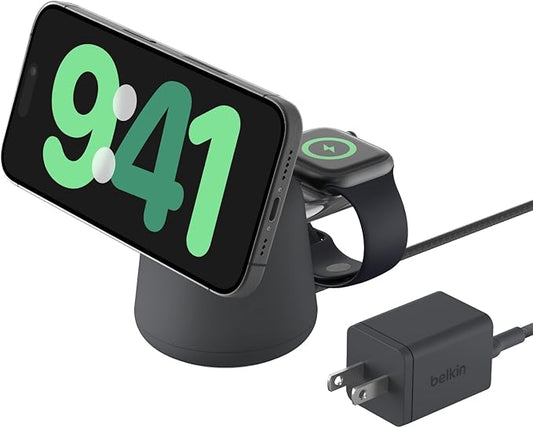 Belkin 2-in-1 Qi2 Wireless Charging Dock 15W Fast Charge iPhone Charger Compatible with iPhone 17, 16, 15, 14, and 13 Series, AirPods, and Other Qi2 Enabled Devices, Includes Power Supply - Black