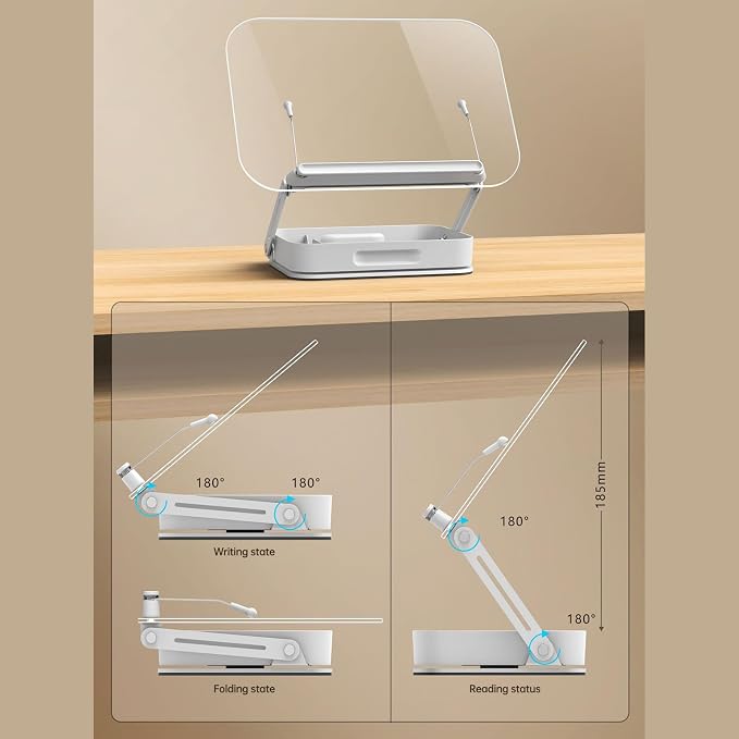 Bisofice Desktop Book Stand for Reading with Rotate Base Acylic Panel Page Clips Storage Compartments Foldable and Angle Adjustable for Laptop Holder Book Magazine Document Tablet (White)