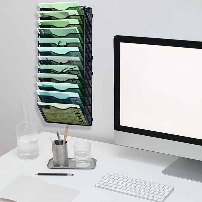 12 Tier Mesh Hanging File Organizer Vertical Wall File Organizer Wall File Holder for Office School Home, Black