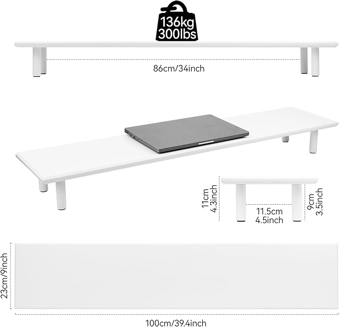 Bamboo Dual Monitor Stand Riser with Underneath Storage, Ergonomic Desk Shelf Supports PC Computer Monitor, Printer, TV for Home, Office, White