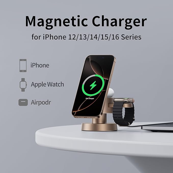 4 in 1 Magnetic Wireless Charging Station,15W Fast Charging with Night Light for MagSafe Charger Stand,3 in 1 Wireless Charger for iPhone 17/16/15/14/13 Pro Max,Apple Watch & AirPods,Sand Gold