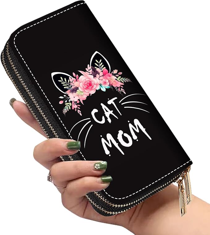 Women's Large Capacity Wallet PU Leather Double Zipper Clutch Purse Multifunctional Wallet with Removable Wristlet Strap for Smart Phone/Coin/Card/Cash, Floral Cat Mom