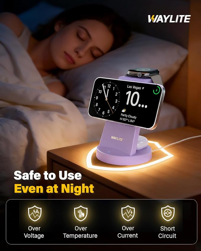 3 in 1 Fast Charging Station for iPhone, 25W Wireless Magnetic Phone Charger for iPhone 17 16e 16 15 14 13 12 Serise, Watch Charger Stand, Wireless Charging Station for AirPods 4 3 Pro, Purple