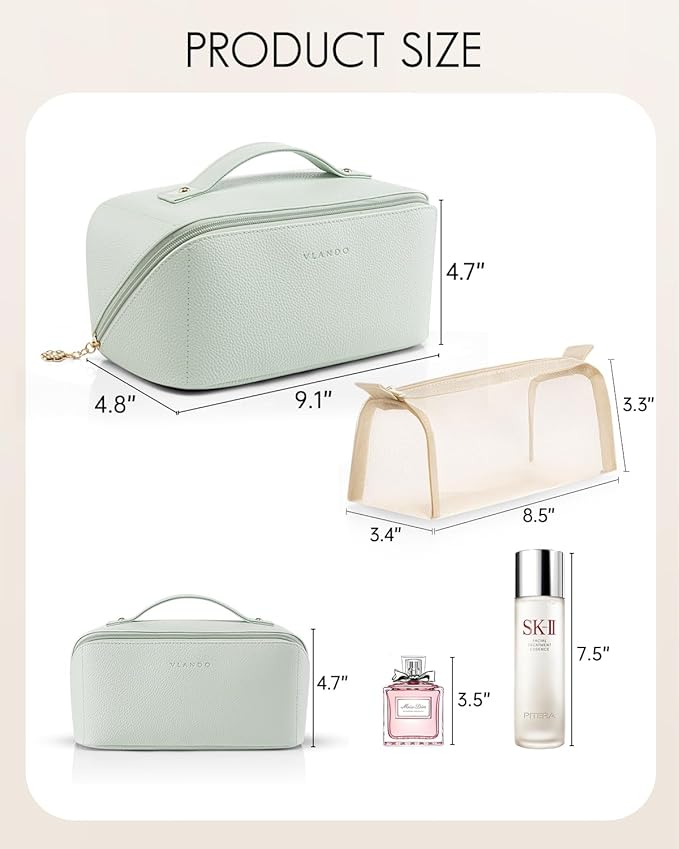 VLANDO Makeup Bag,Travel Toiletry Bag,Cosmetic Bag for Women PU Leather Portable Make up Bag for Skincare, Brushes & Travel Essentials-Mint Green