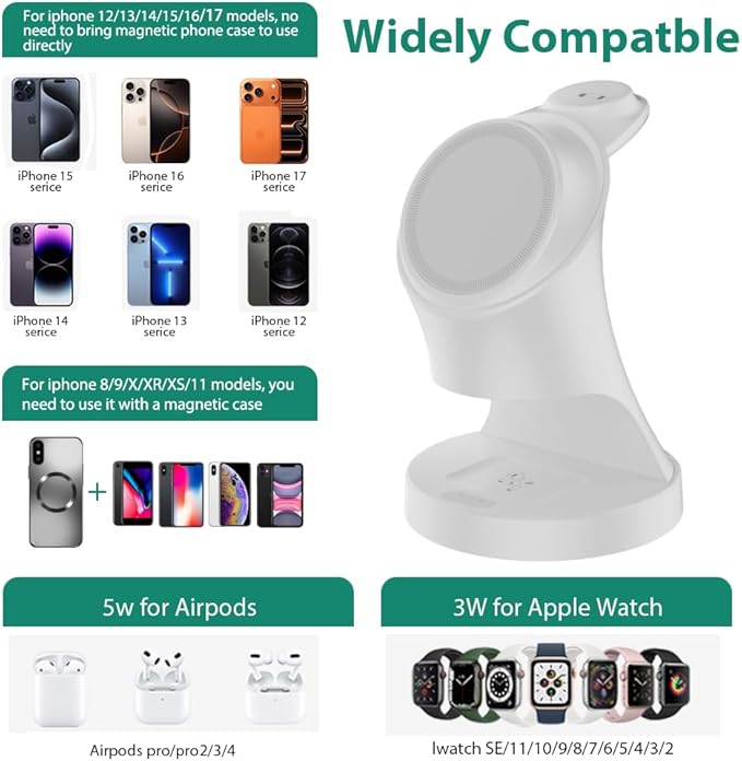 Wireless Charger,3 in 1 Magnetic Wireless Charger Stand, Fast Wireless Charging Dock for iPhone17/16/15/14/13/12 Series, Apple Watch Series, AirPods Pro.