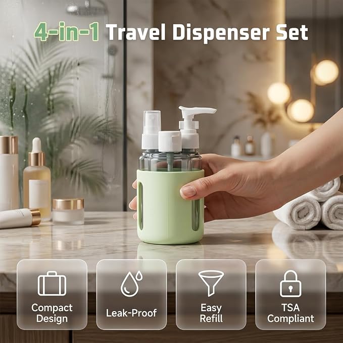 4 in 1 Travel Dispenser Bottles – 2026 New Leak Proof Portable Dispenser Bottle Set for Shampoo, Conditioner, Lotion & Cream, 4pcs 60ml Travel Dispensers for Vacation & Business (Set F)