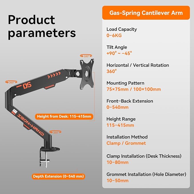Laptop Mount for Desk (11.3"-17.3"), 360° Rotating Foldable Laptops Arm Mount with Gas Spring, Heavy Duty Aluminum Adjustable Laptop Stand with Clamp/Grommet (Black)