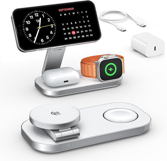 3-in-1 Charging Station for Apple Device, Qi2 25W Certified Magnetic Wireless Foldable Fast Charger Stand Compatible with MagSafe for iPhone 17e/17/16/15/14/13/12/Air Series, Apple Watch & AirPods