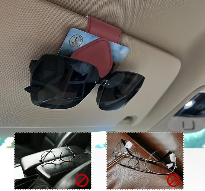 Magnetic Sunglass Holder for Car Visor, Sunglasses Visor Clip, Magnetic Leather Vehicle Glasses Ticket Card Clip, Automotive Eyeglass Hanger Organizer Accessories for Most Vehicles (Wine Red)