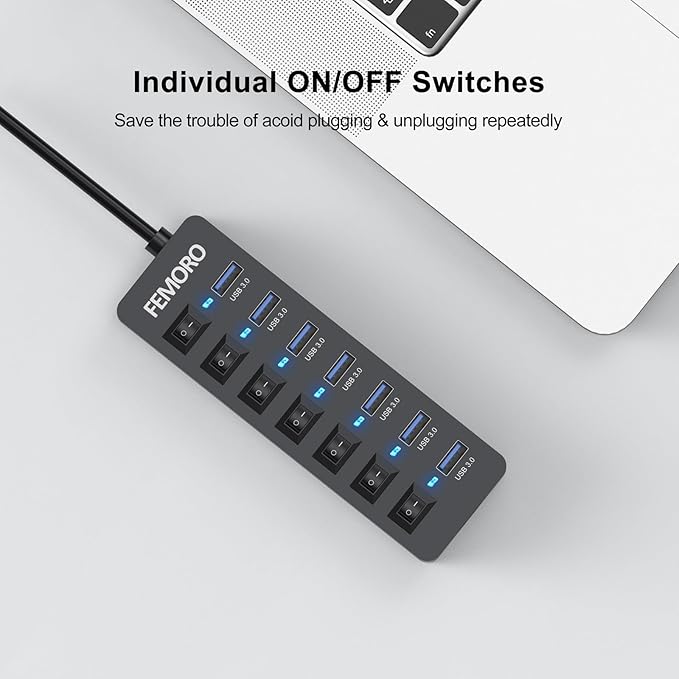 Powered USB Hub 3.0, 5Gbps Data Transfer 7 Ports and 12W Charging-only 1 Port with 5V/3A Power Adapter 4Ft Long Cable & Individual Switches for Laptop PC Flash Drive External SSD HDD Keyboard Mouse