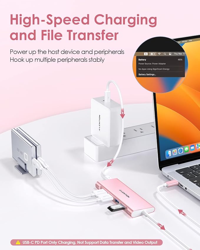 LENTION 3.3FT Long Cable USB C Hub with 4K HDMI, 100W PD Charging, 4 USB 3.0 Port & LED Indicator for MacBook Pro/Air, Dell XPS, HP, Chromebook, More, Stable Driver Adapter (C35-1M, Rose Gold)