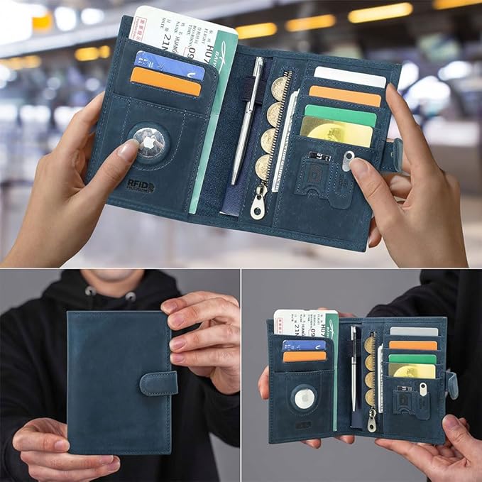 CONTACTS Full Grain Leather Passport Holder Compatible with Airtag RFID Blocking Passport Wallet Travel Slim Passport Cover with SIM Card Removal Tool (Blue)