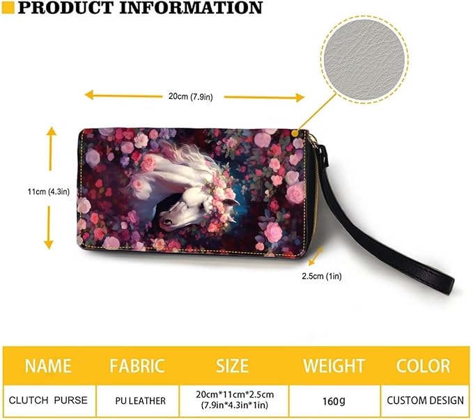 Bulopur Rose Floral Horse Women's Wallet Wristlet Ladies Phone Purse RFID Blocking Card Holder Grip Hand Strap Double Zip PU Leather Waterproof Handbag Purse Gifts