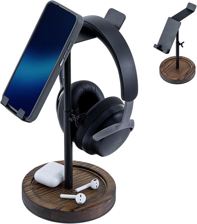 MyGift Industrial Matte Black Metal Headphone Stand with Adjustable Height and Burnt Wood Tray – Desktop Headset Holder for Office, Gaming, or Studio Setup