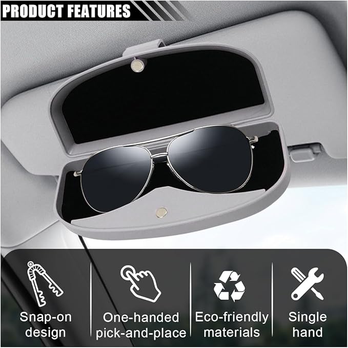 KITUREK Car Sun Visor Sunglasses Case, Glasses Storage Protective Box, Eyewear Hard Shell Eyeglasses Organizer, Magnetic Closure&Double Card Clamp (Grey)