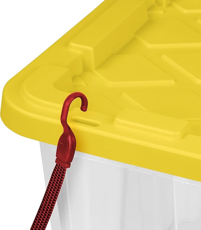 27 Gallon Plastic Storage Container with Snap-On Lid, Heavy-Duty Industrial Tote, Black and Yellow, 28.5x19.6x15.5 Inches, 6 Pack (4, Clear/Yellow)