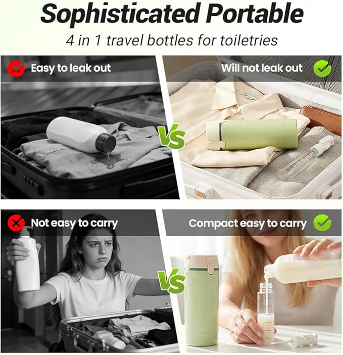 4 in 1 Travel Dispenser, 2026 New Travel Bottles for Toiletries, 4-in-1 Travel Refill Bottle Portable Travel Size Containers for Shampoo Lotion Conditioner Cream (Green)