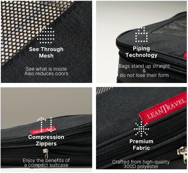 LeanTravel Premium Compression Packing Cubes for Travel - Suitcase Organizer Bags with Double Zipper & Breathable Mesh Panel - Space Saving Carry On Luggage Essentials (3-Pack, Black)