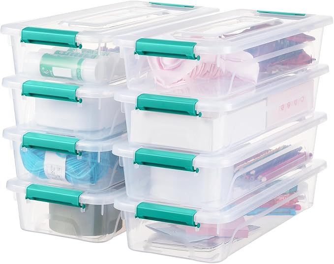 Plastic Storage Bin with Lid, Stackable Design, Clip Box for Crafts, Supplies and Office Items Container (8 Pack 4 Quart Green)