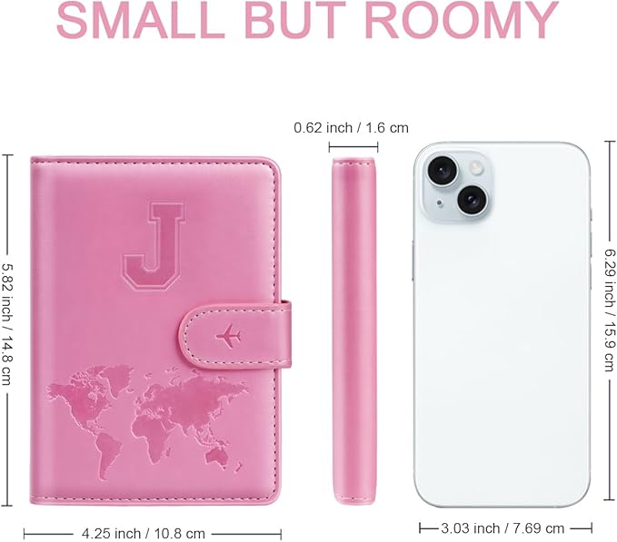 Passport Holder Cover Initail Letter A-Z Travel Wallet Embossed Design RFID Blocking Card Holder Personalized Gift Passport Cover Wallet, Passport Book Holders for Women and Girls, Pink-J