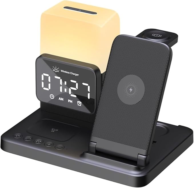 M.A.D LAB Nightstand Charging Station - Charging Station for Multiple Devices with Alarm Clock and Night Light, Wireless Fast Charger for iPhone, Android Phones, AirPods & Apple Watch (No Adapter)