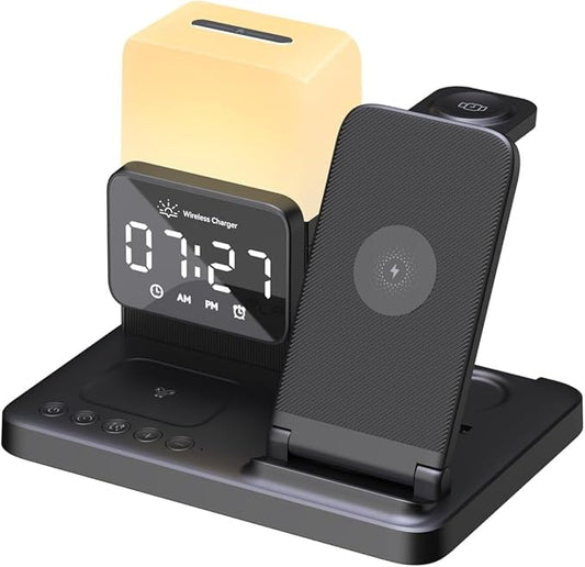 M.A.D LAB Nightstand Charging Station - Charging Station for Multiple Devices with Alarm Clock and Night Light, Wireless Fast Charger for iPhone, Android Phones, AirPods & Apple Watch (No Adapter)