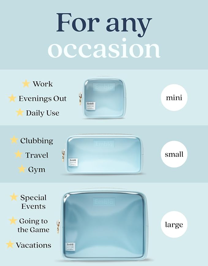 Embla 3 Piece Clear Makeup Bag Set for Toiletries Large Medium Small Skincare Organizer Zipper Pouches Travel Toiletry Bathroom Bags Women Girls Cute Make Up Cosmetic Nylon Pouch Blue