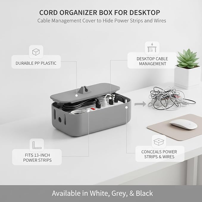 Desktop Cable Management Box, Cord Organizer for Cables & Wires, Durable PP Plastic Storage for Home Office (1 Pack)