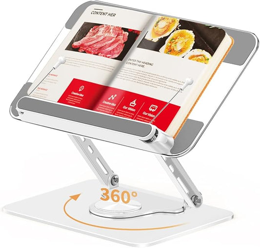 Adjustable Acrylic Book Stand for Reading in Bed, Book Holder Stand for Reading Hands Free, Cookbook Stand for Kitchen Counter, Reading Stand Book Holder for Couch, 360° Rotating & Page Clips